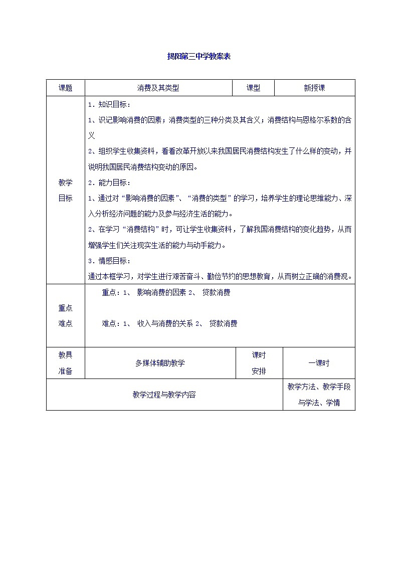 高中政治必修一教案：3-1消费及其类型01