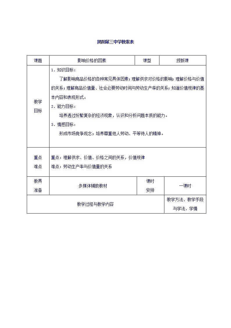 高中政治必修一教案：2-1影响价格的因素01