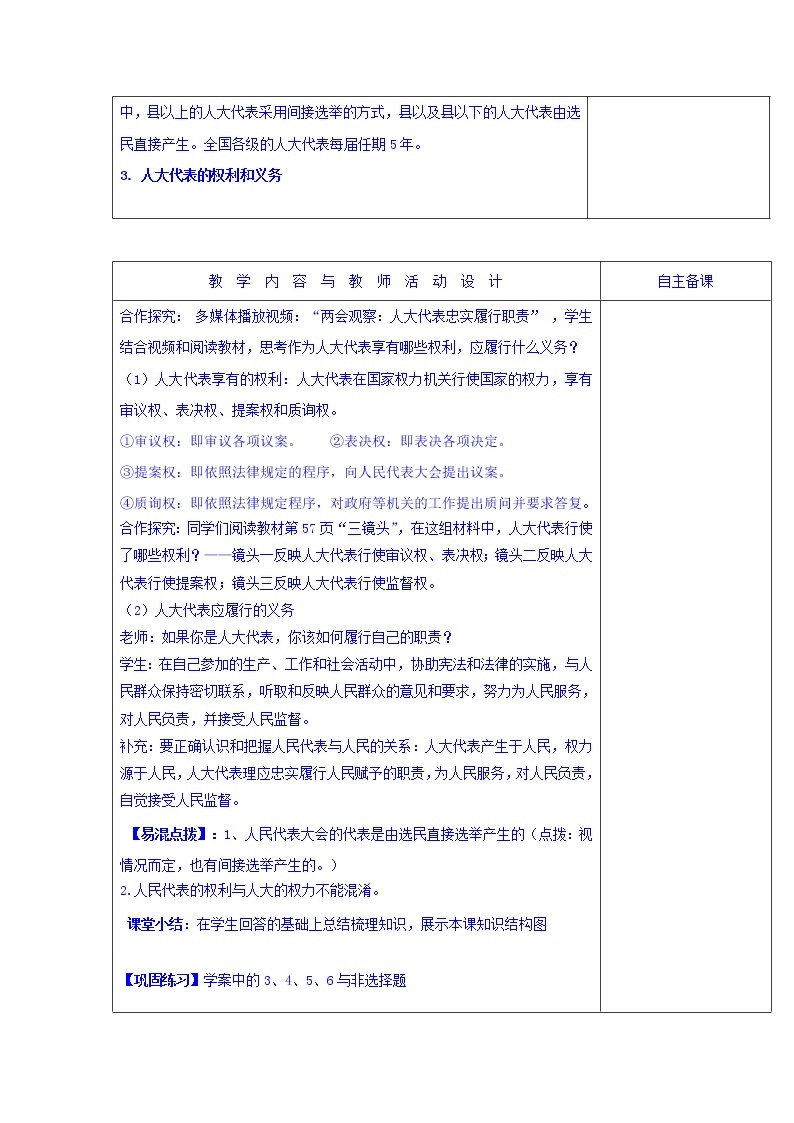 高中政治必修二：5.1人民代表大会：国家权力机关+集体备课教案第2课时+02