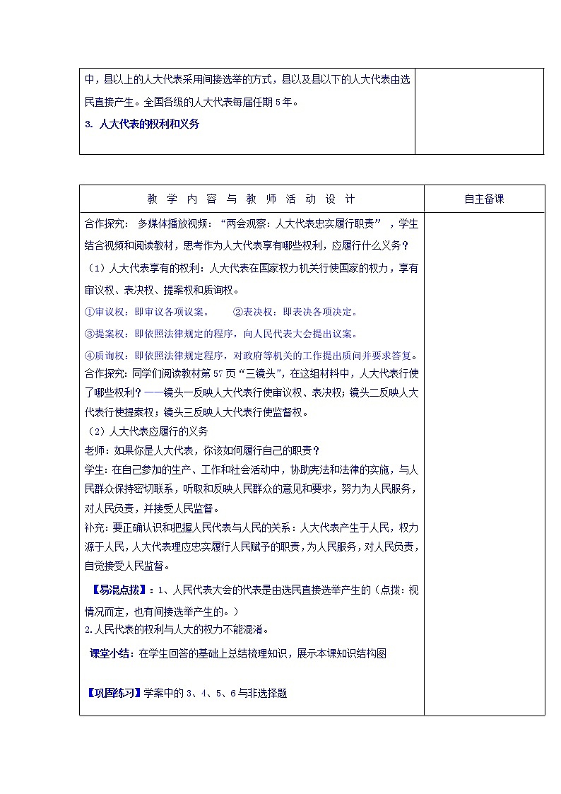 高中政治必修二：5.1人民代表大会：国家权力机关+集体备课教案第2课时+02