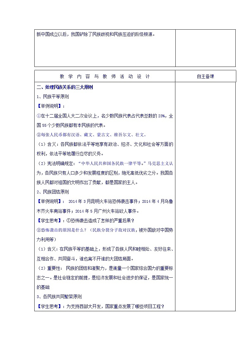 高中政治必修二：7.1处理民族关系的原则：平等、团结、共同繁荣+集体备课教案+02
