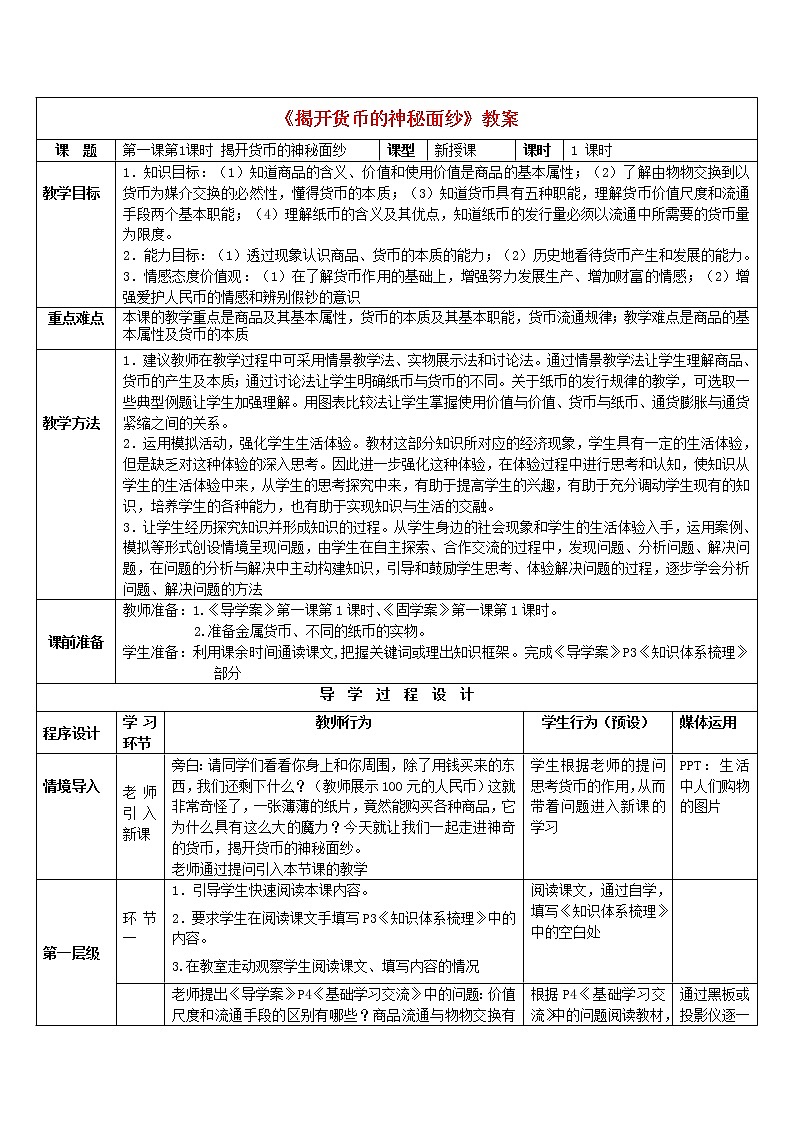 高中政治 1.1揭开货币的神秘面纱教案 新人教版必修101