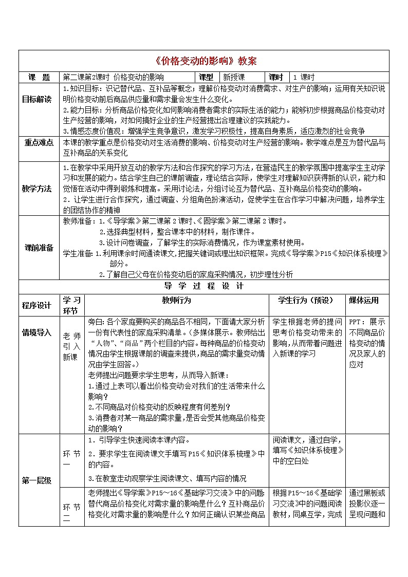 高中政治 2.2价格变动的影响教案 新人教版必修101