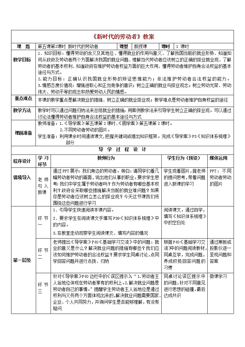 高中政治 5.2新时代的劳动者教案 新人教版必修101