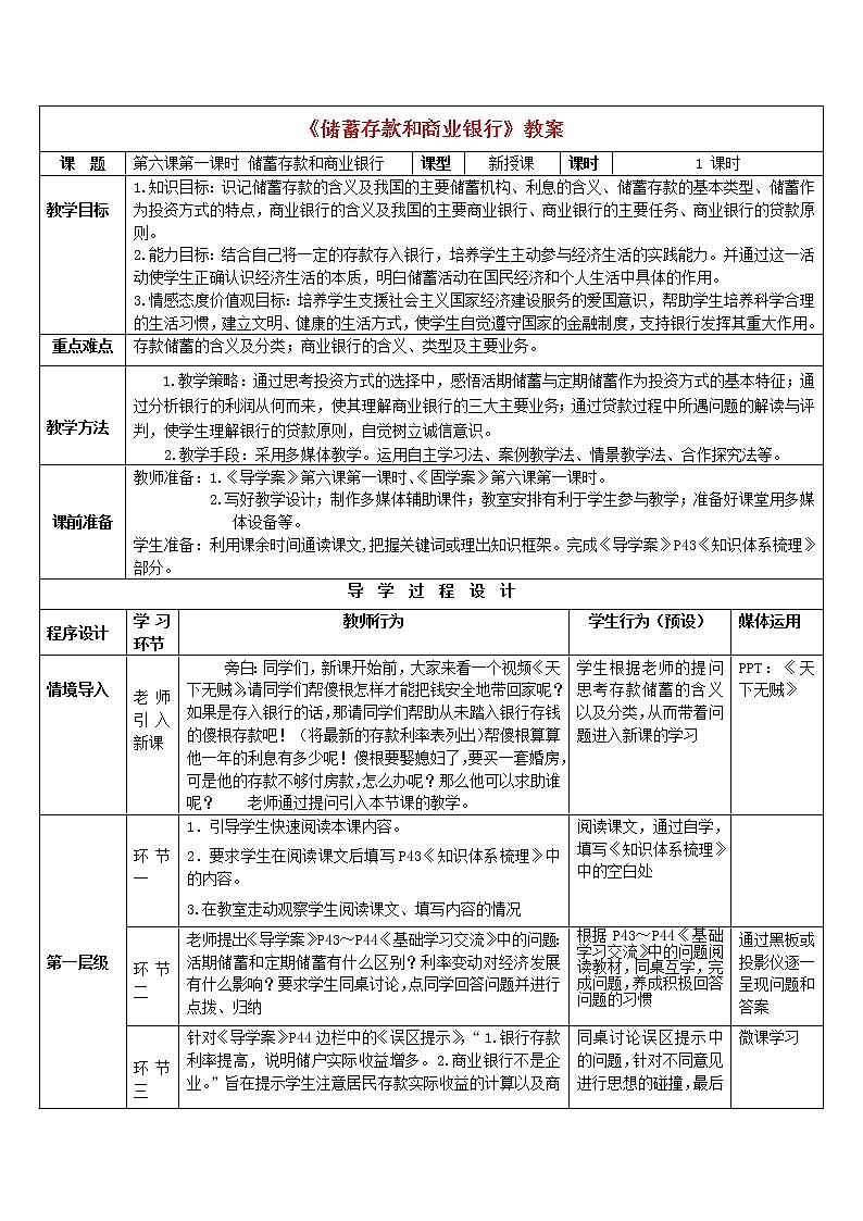 高中政治 6.1储蓄存款和商业银行教案 新人教版必修101