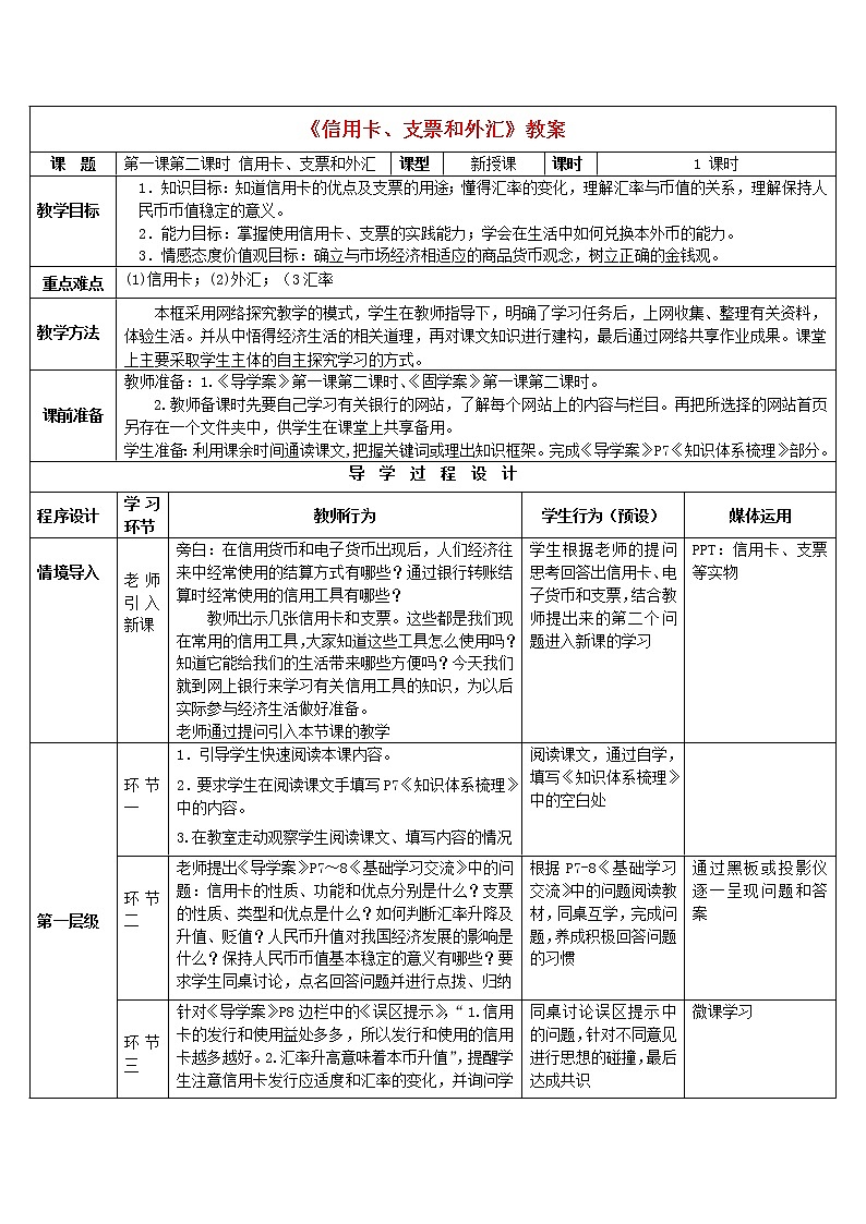 高中政治 1.2信用卡、支票和外汇教案 新人教版必修101