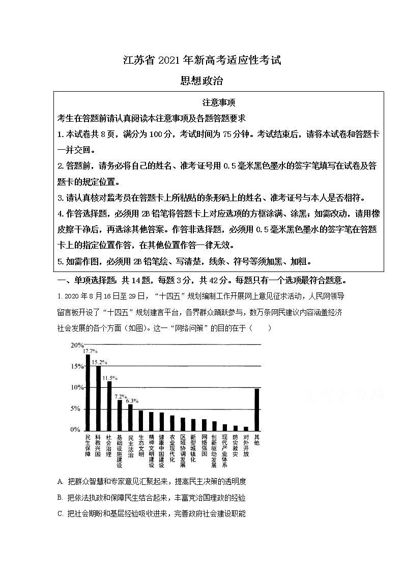 2021年八省联考江苏省政治试卷及答案解析（原卷+解析卷）01