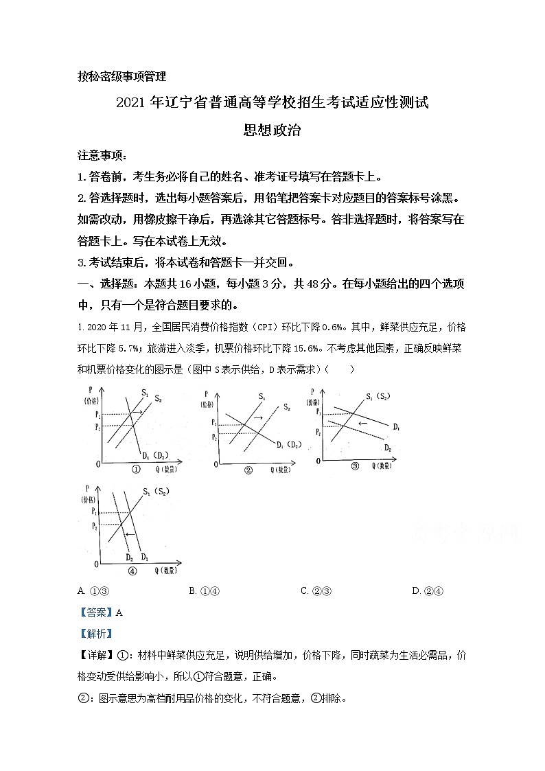 2021年八省联考辽宁省政治试卷及答案解析（原卷+解析卷）01