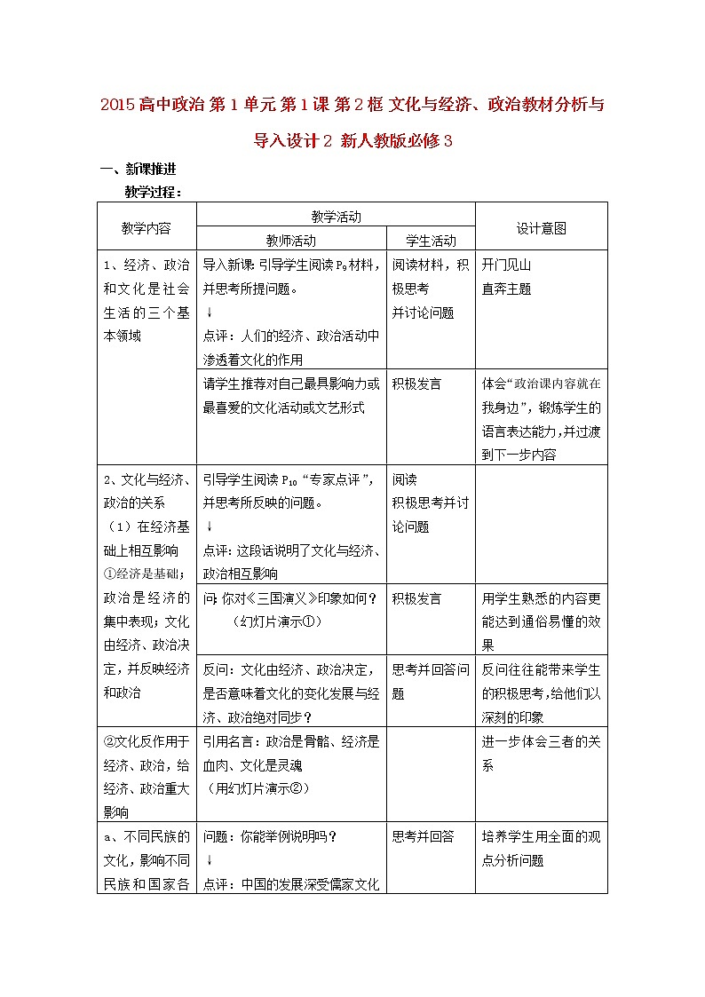 高中政治 第1单元 第1课 第2框 文化与经济、政治教材分析与导入设计2 新人教版必修3 教案01