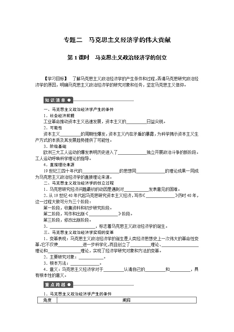 高二人教版政治选修二同步学案：专题二第1课时 马克思主义政治经济学的创立01