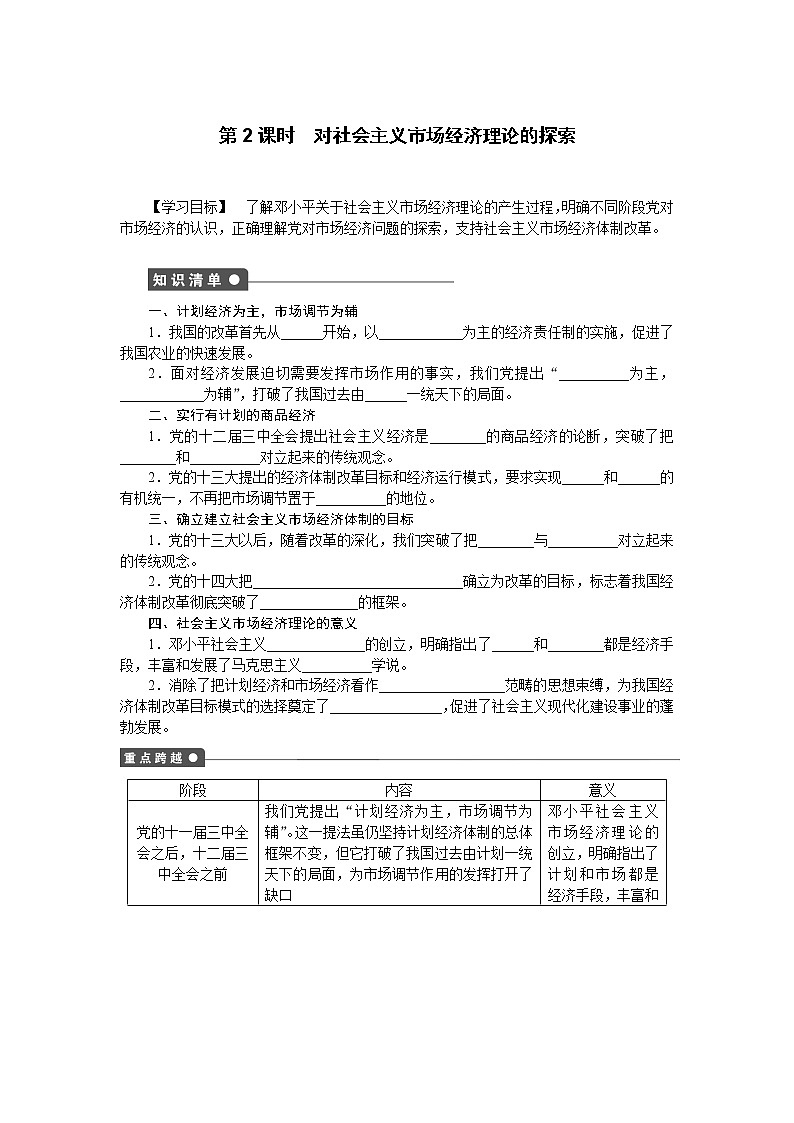 高二人教版政治选修二同步学案：专题五第2课时 对社会主义市场经济理论的探索01