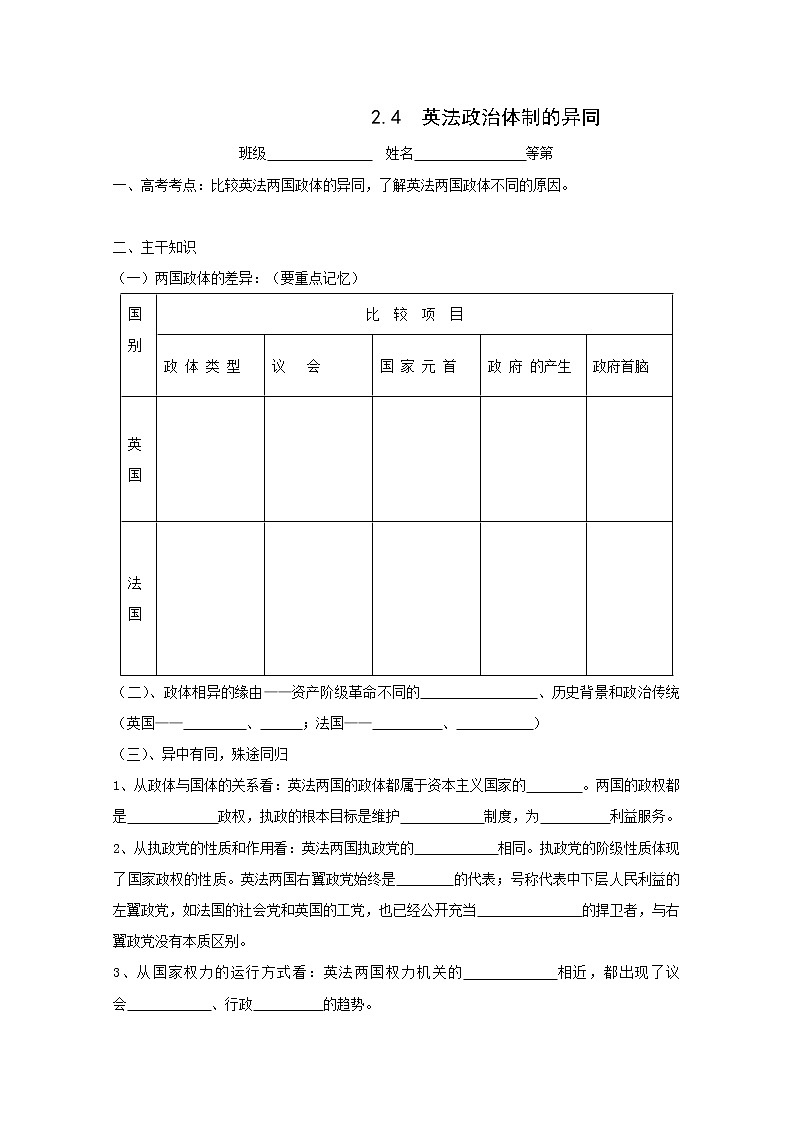 高二政治学案：2.4《英法政治体制的异同》（新人教版选修3）01