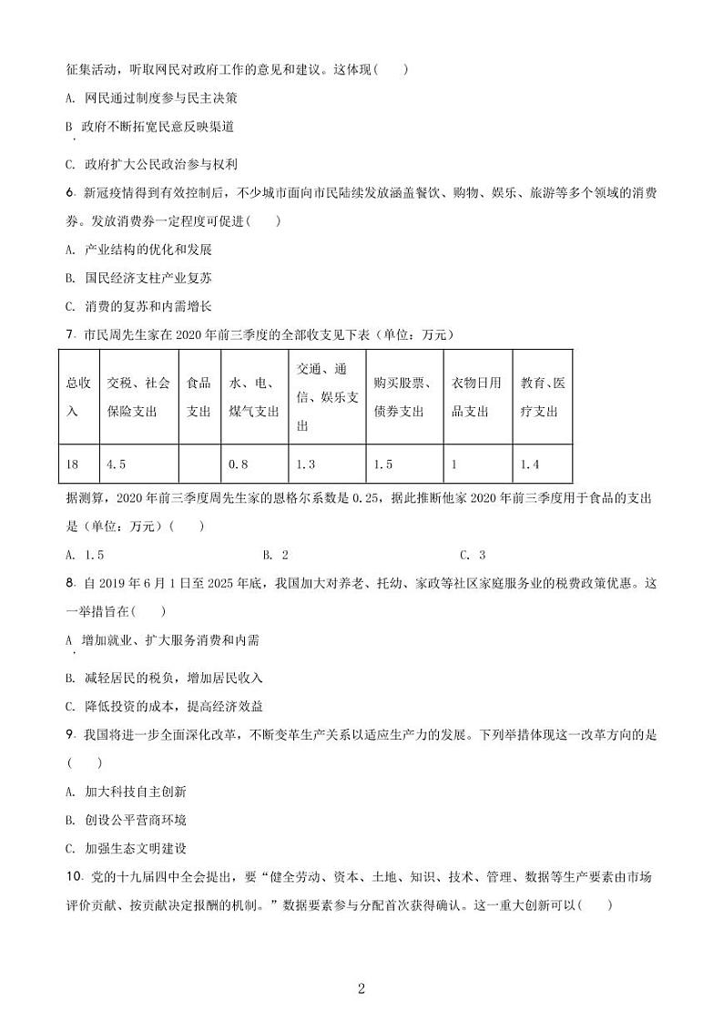 2020-2021学年上海市虹口区政治等级考一模卷 含解析卷02