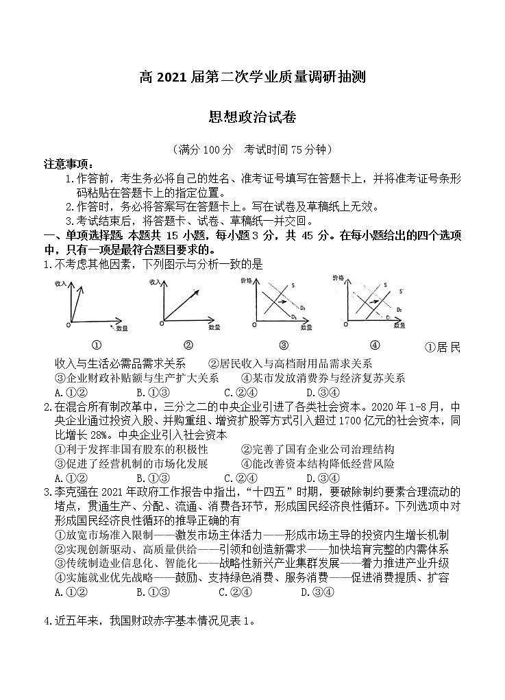 重庆市2021届高三下学期4月第二次学业质量调研抽测 政治（含答案）01