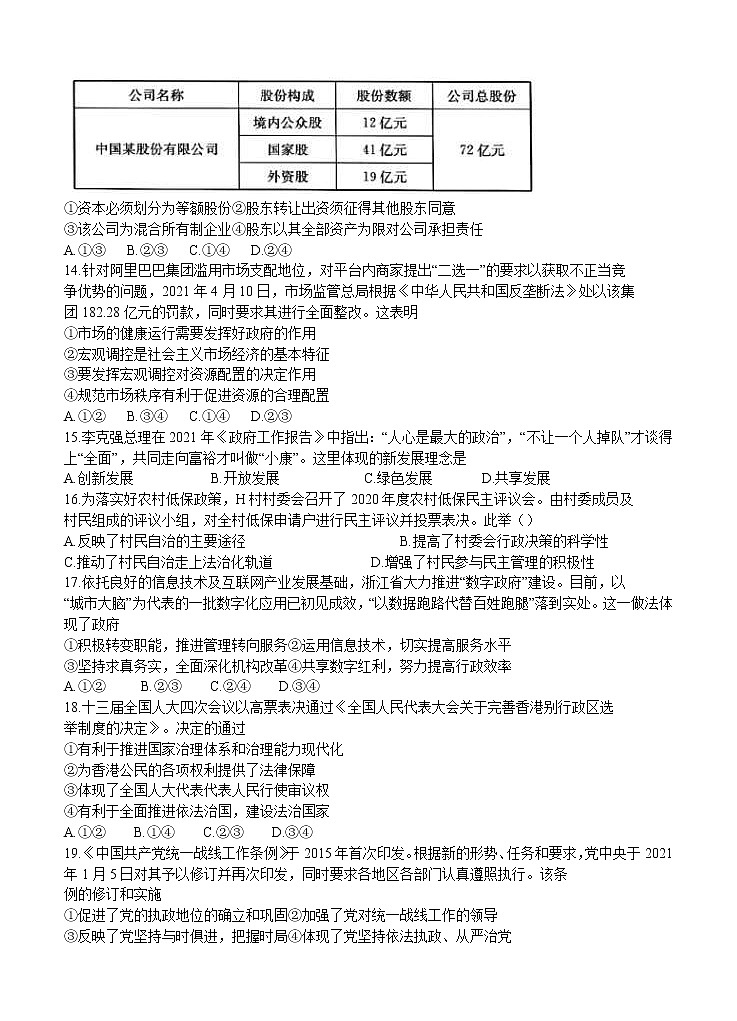 浙江省普通高中强基联盟协作体2021届高三下学期5月统测 政治（含答案）02