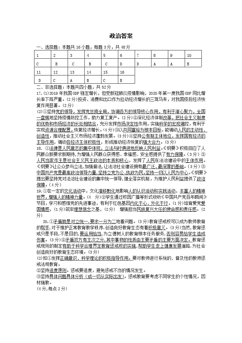 湖北省2021届高三下学期5月高等学校统一招生考试仿真模拟（四）政治试卷+答案 (PDF版)01