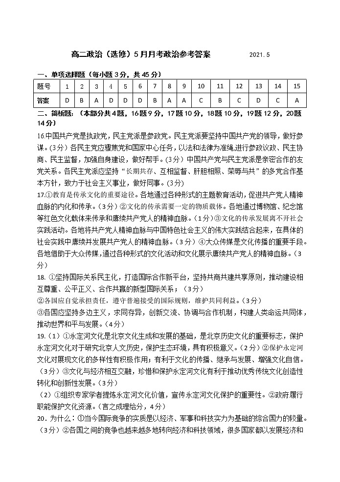 江苏省扬州中学20210-2021学年高二下学期5月月考试题：政治+答案01