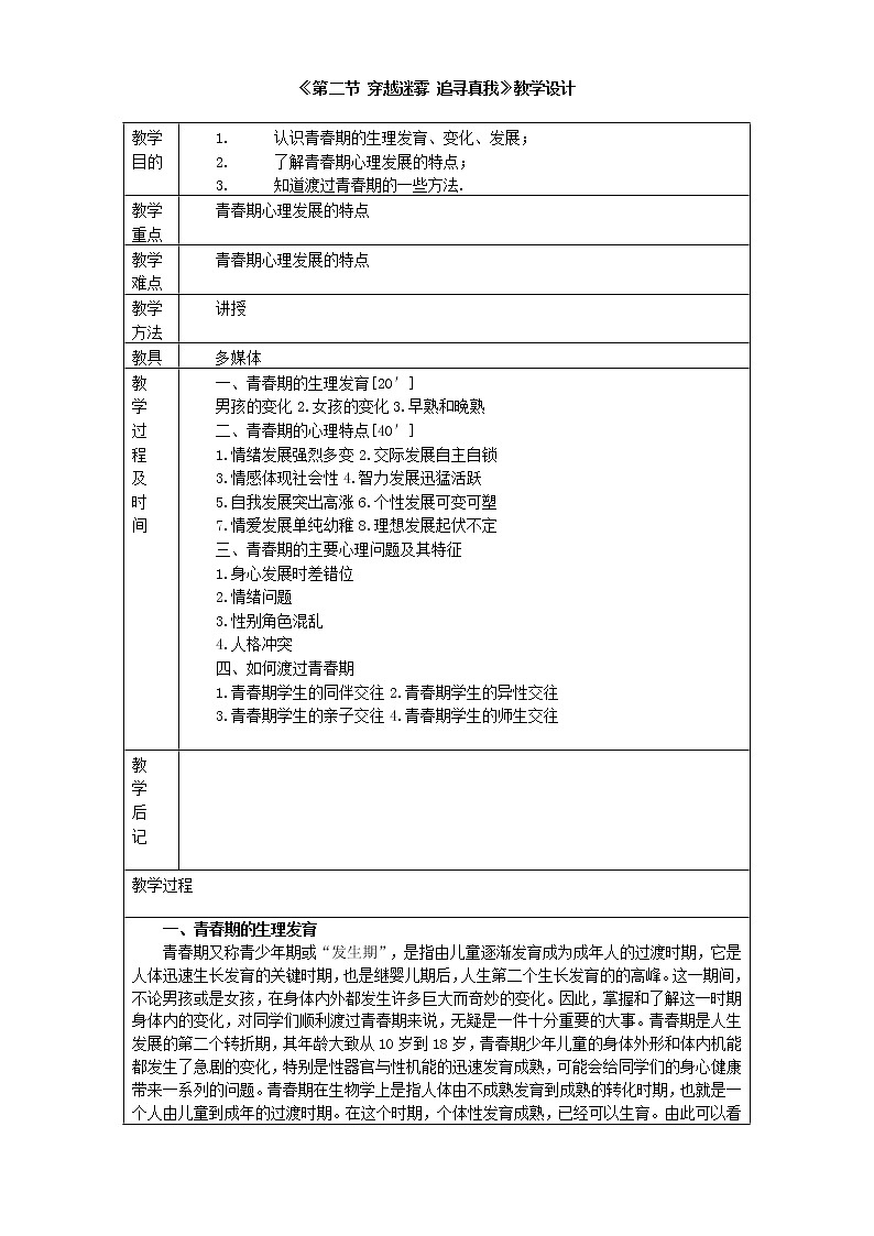 1.2 穿越迷雾 追寻真我 教案（表格式） 人教版中职心理健康01