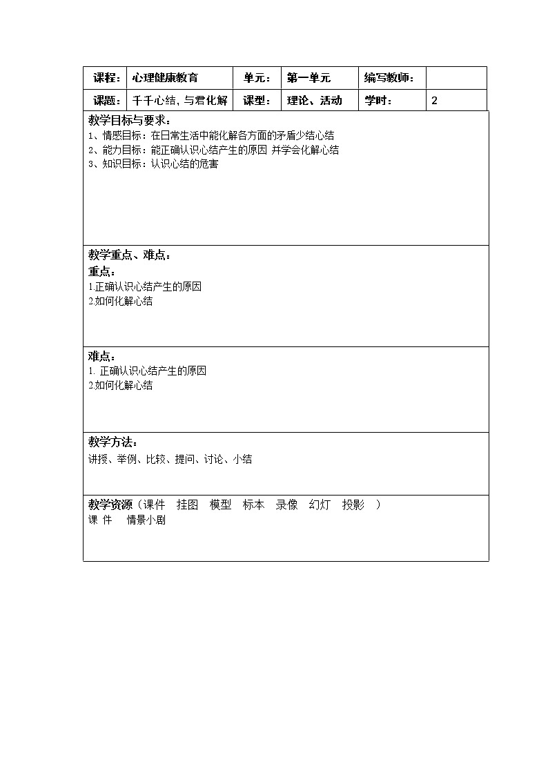 1.3 千千心结，与君化解 教案（2课时，表格式） 人教版中职心理健康01