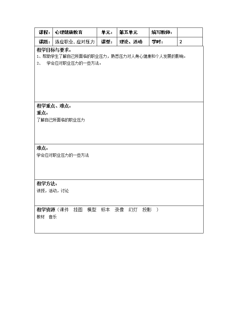 5.3 适应职业，应对压力 教案（2课时，表格式） 人教版中职心理健康01