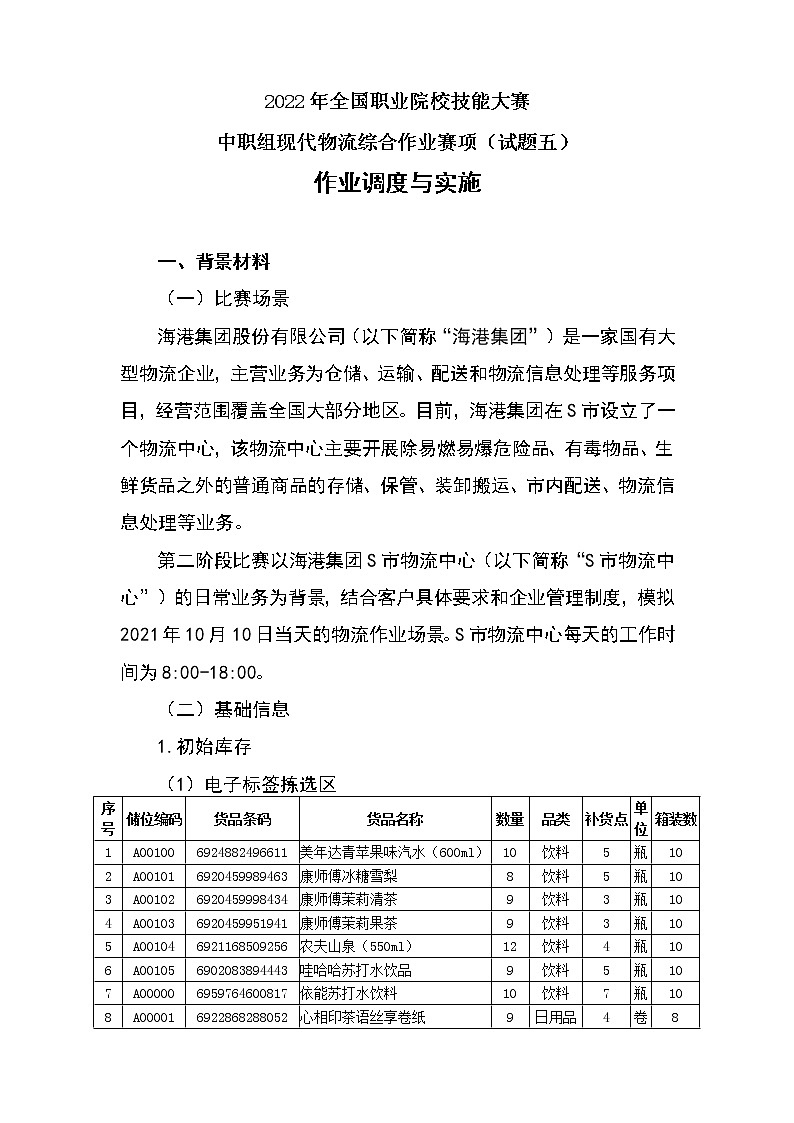 2022年全国职业院校技能大赛中职组 现代物流综合作业赛项模拟赛题（word版）01