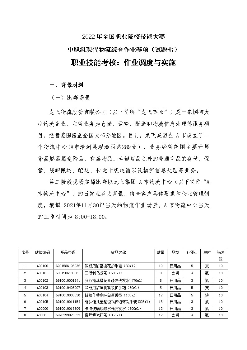 2022年全国职业院校技能大赛中职组 现代物流综合作业赛项模拟赛题（word版）01