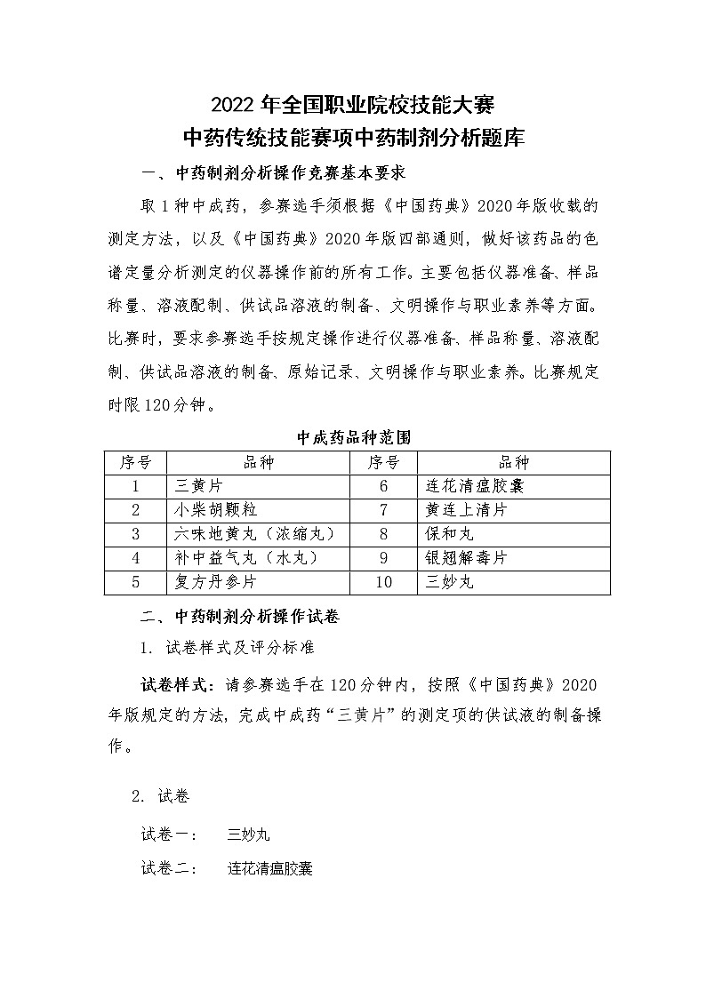 2022年全国职业院校技能大赛高职组 中药传统技能赛项模拟赛题（Word版）01
