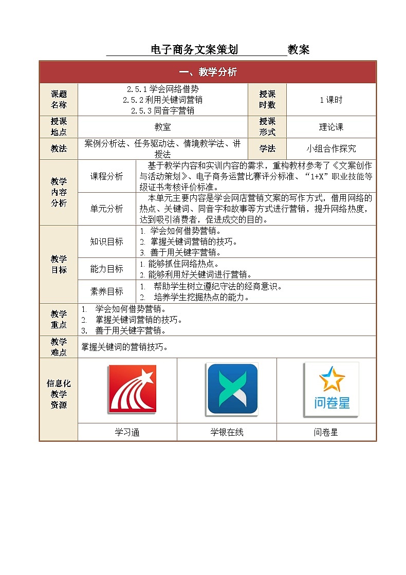 2.5.1、2.5.2、2.5.3学会网络借势；利用关键词营销；同音字营销  课件+教案01