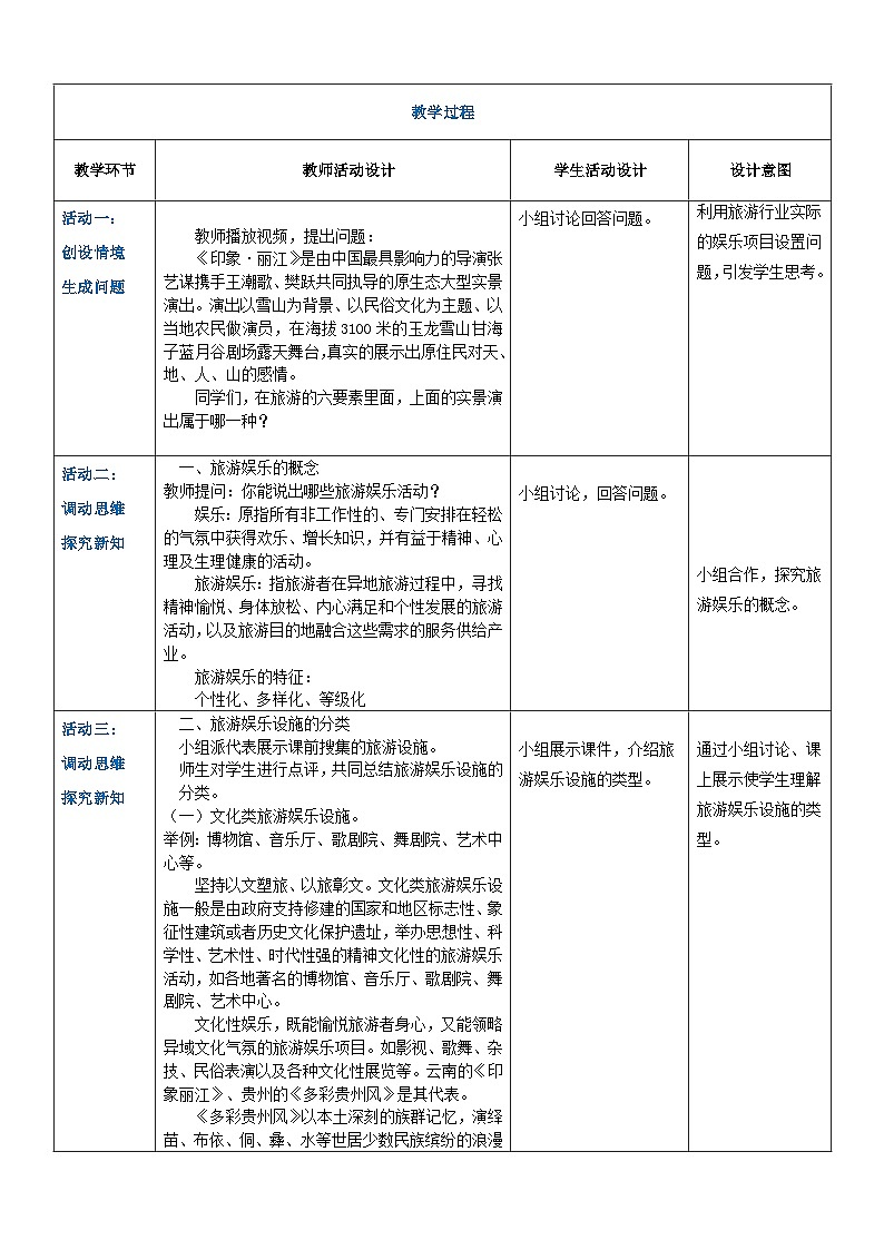 项目四 任务六  旅游娱乐（教案）-《旅游概论》 （高教社第二版）同步精品课堂02