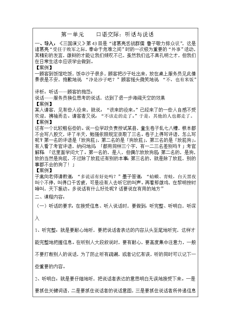 (高教版)中职语文基础上册《口语交际：听话与说话（一）》word教案03