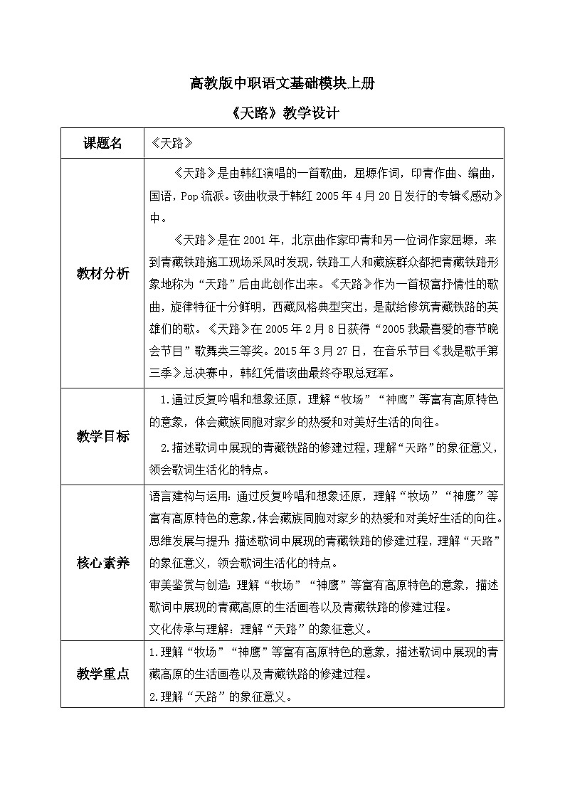 高教版（中职）语文基础模块上册第一单元《天路》教案第1页