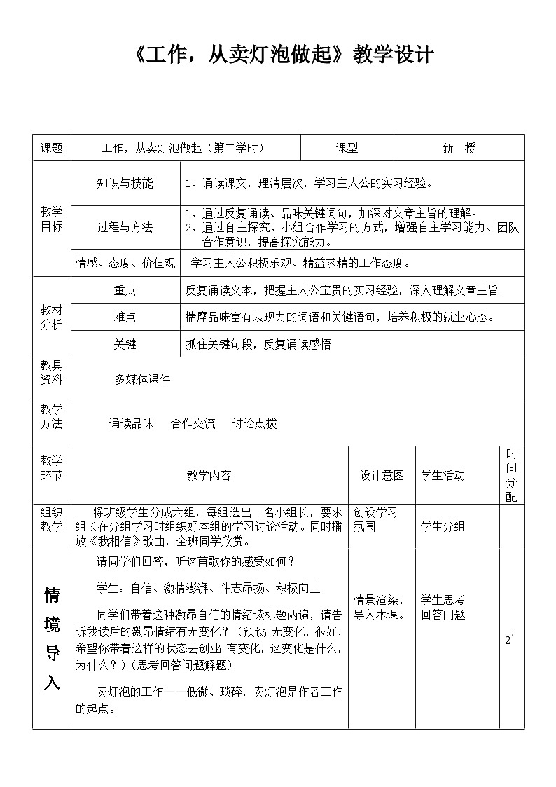 中职语文人教版基础职业模块上册10《工作，从卖灯泡做起》（第二学时）表格式教案01