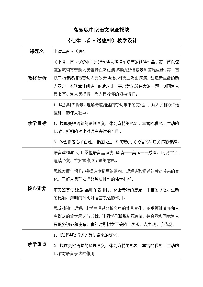 部编高教版2023中职语文职业模块第一单元第一课《七律二首  送瘟神》（课件+教案）01