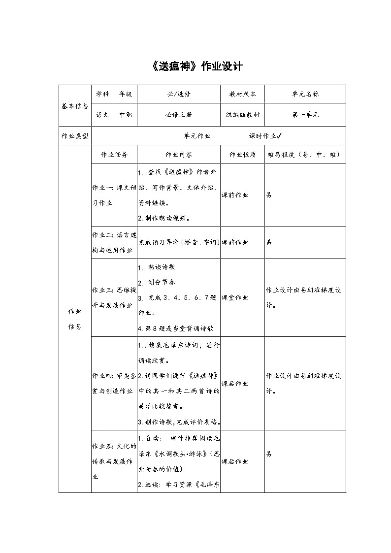 中职语文 部编高教版2023 职业模块 1.1《送瘟神》作业设计第1页