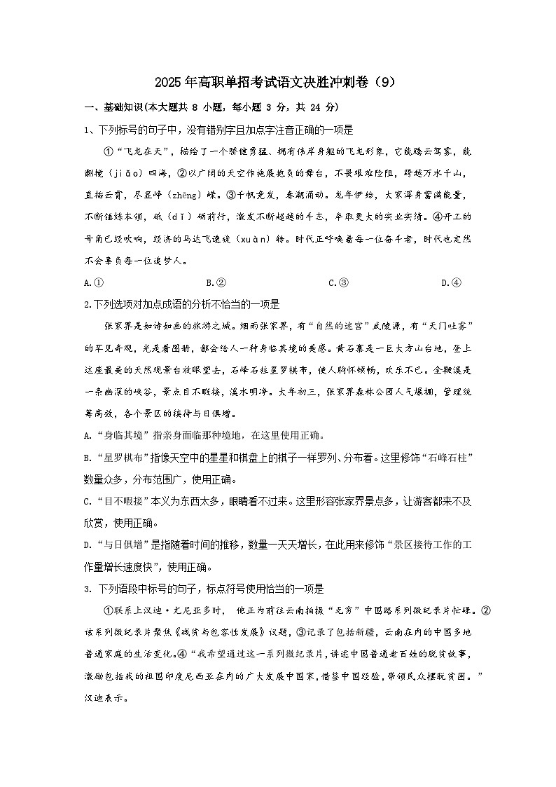 2025年高职单招单考语文决胜冲刺卷（9）01