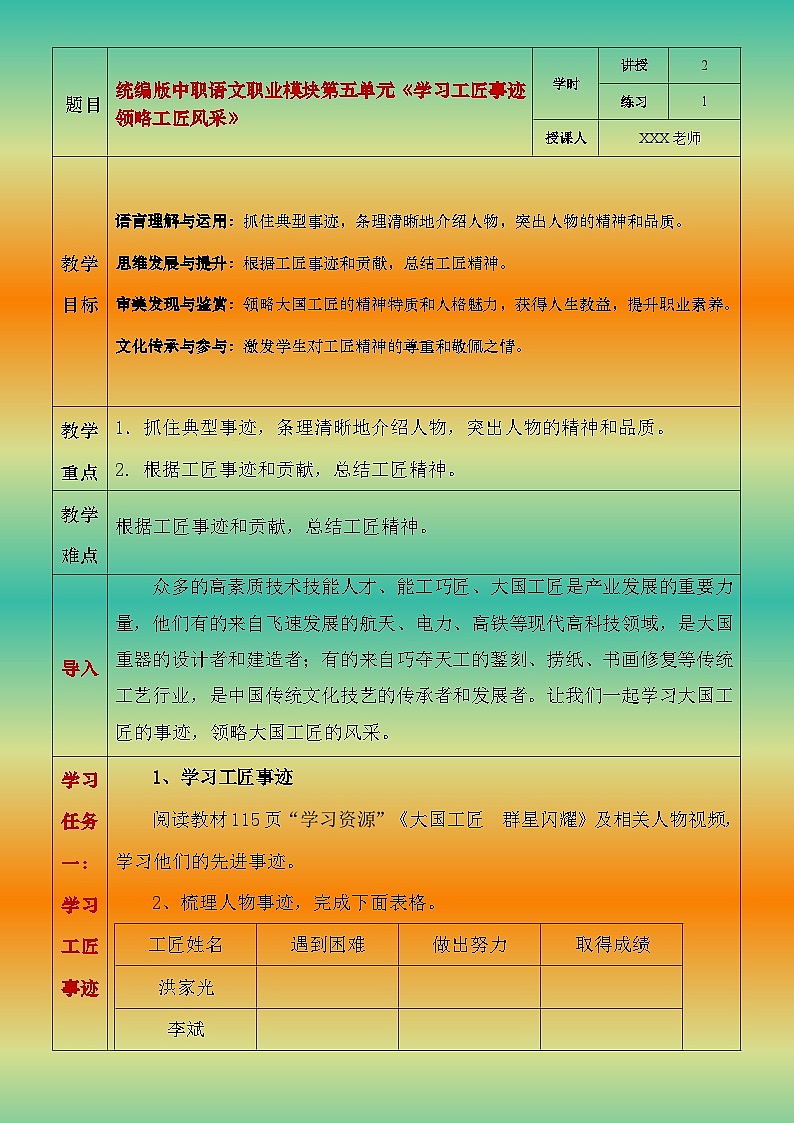 部编高教版2023中职语文职业模块 5.2《学习工匠事迹 领略工匠风采》教案01