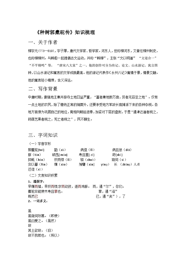部编高教版（2023）中职语文职业模块上册第三单元第2课《种树郭橐驼传》课件+学案+知识梳理01