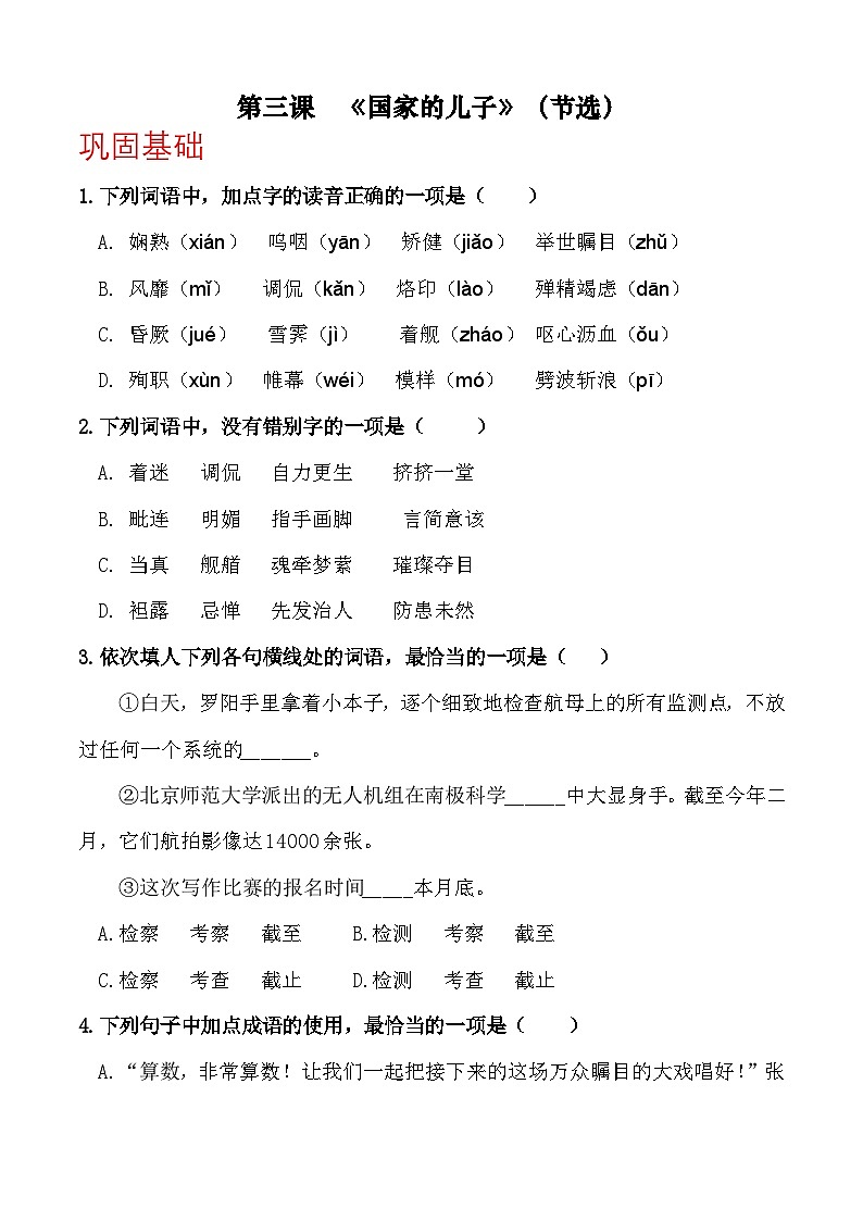 第三课《国家的儿子》（节选）（分层作业）原卷版第1页