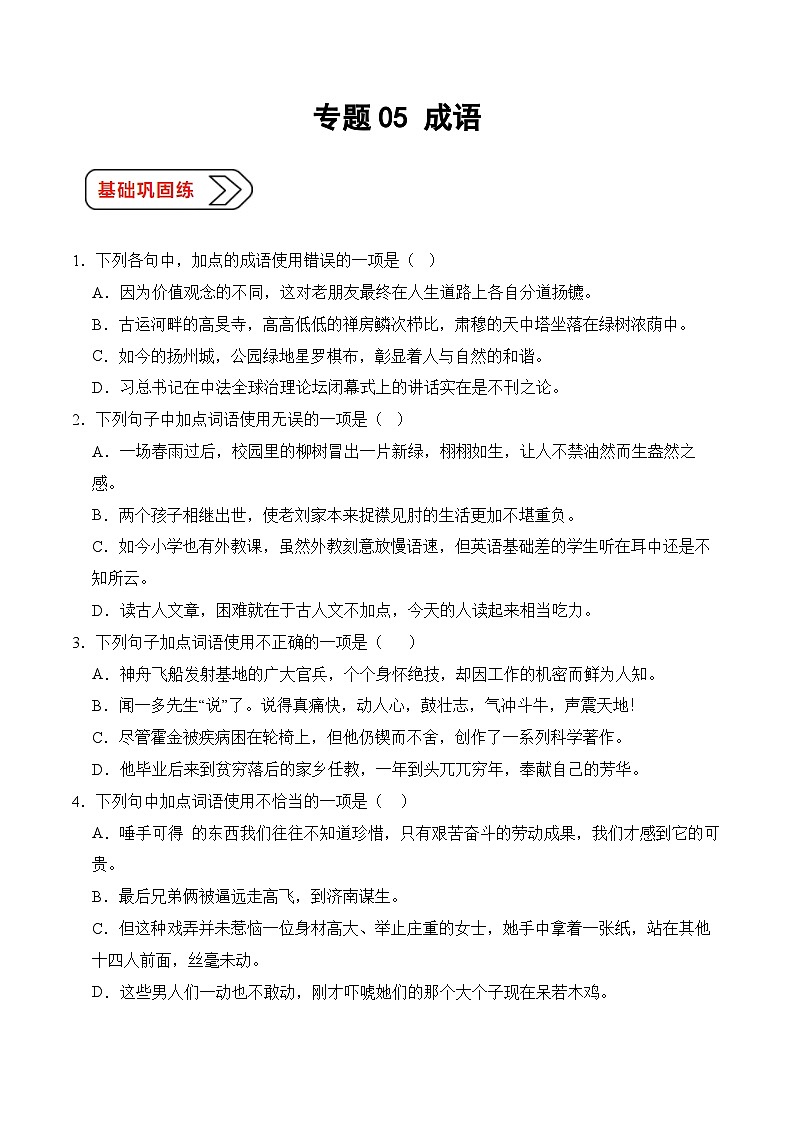 05 词语运用（成语）（考点精练）-【中职专用】2025年职教高考语文一轮复习讲练测（全国通用）01