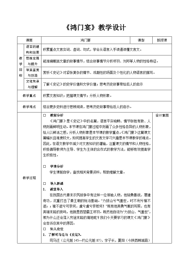部编高教版（2024）中职语文拓展模块上册2.1《鸿门宴》  课件+教案01