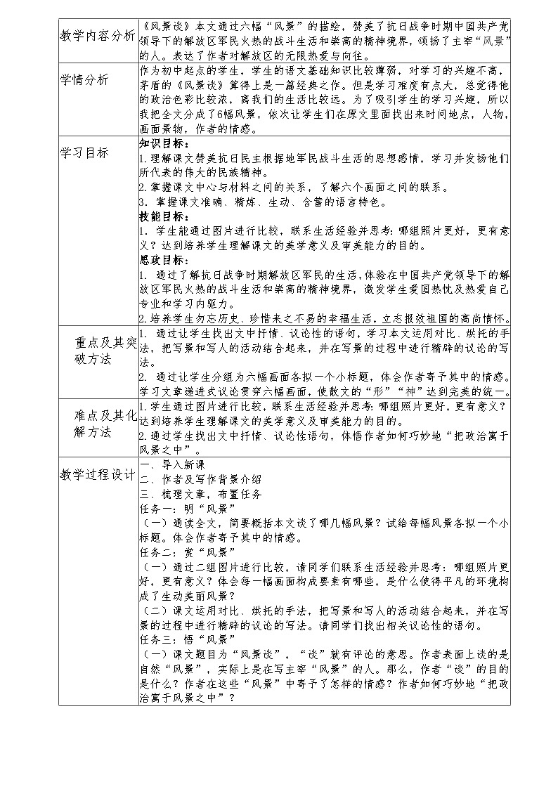 部编高教版+中职语文+基础模块上册 风景谈+教案第1页
