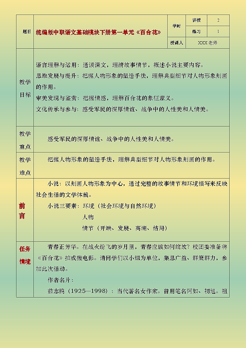 部编版（2023）中职语文基础模块下1.3.2《百合花》教案第1页