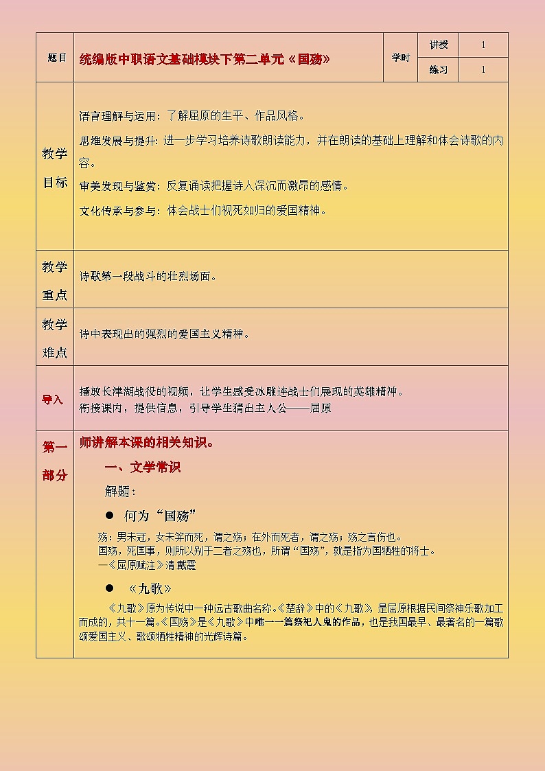 部编版（2023）中职语文基础模块下2.1《国殇》教案第1页