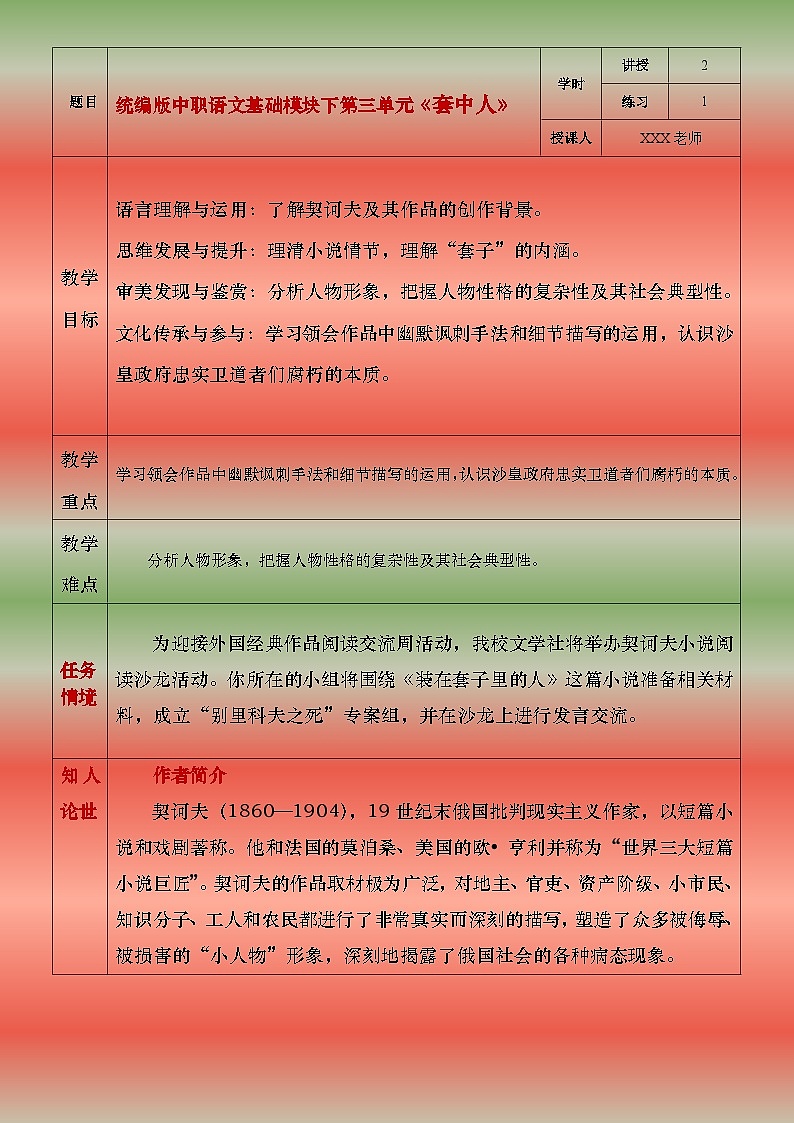 部编版（2023）中职语文基础模块下3.2.2《套中人》教案第1页