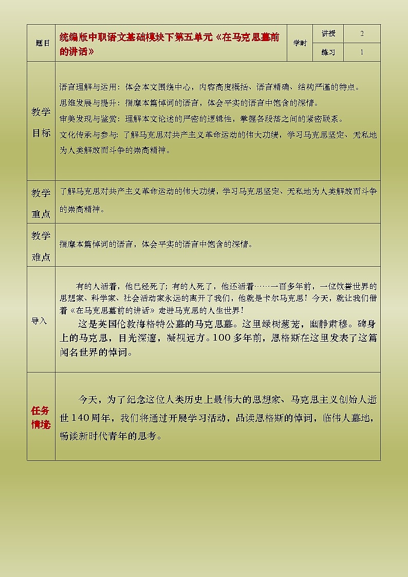 部编版（2023）中职语文基础模块下5.1《在马克思墓前的讲话》教案第1页