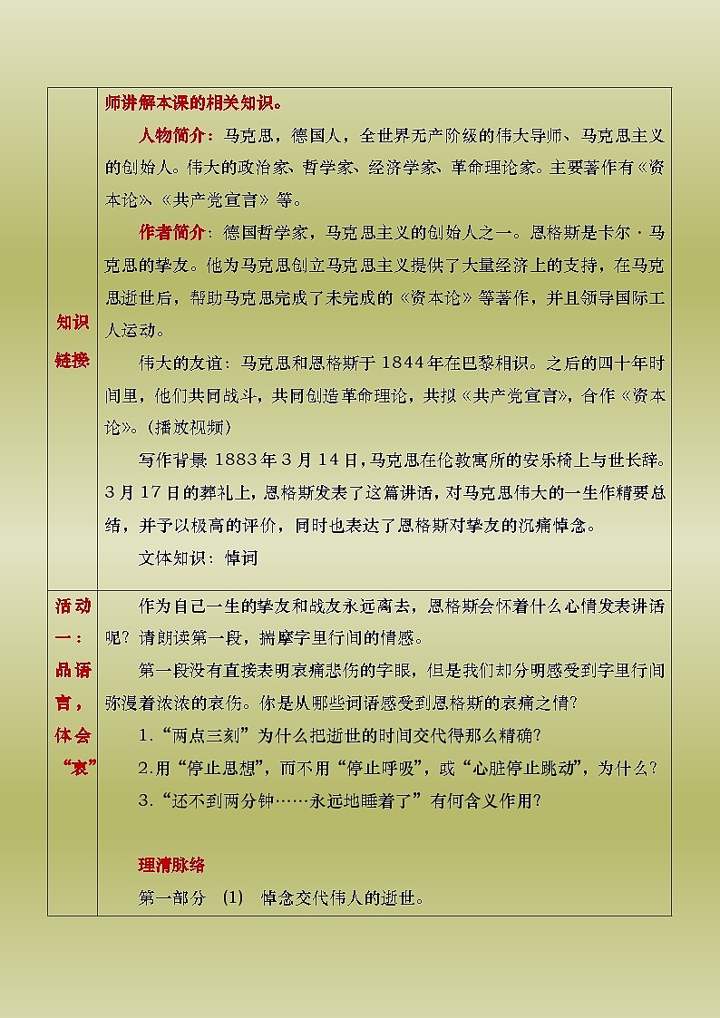 部编版（2023）中职语文基础模块下5.1《在马克思墓前的讲话》教案第2页