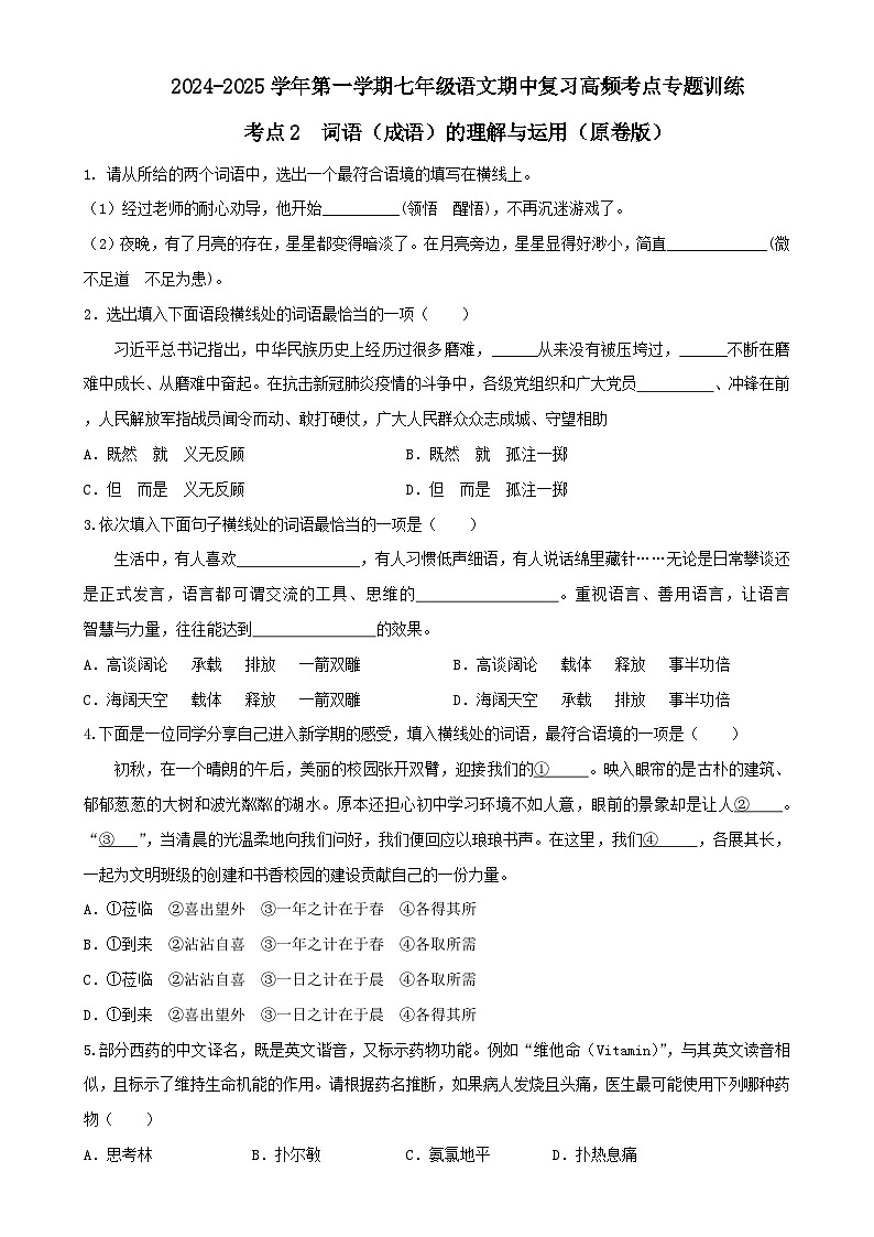考点2 词语（成语）的理解与运用（原卷版）-A4第1页