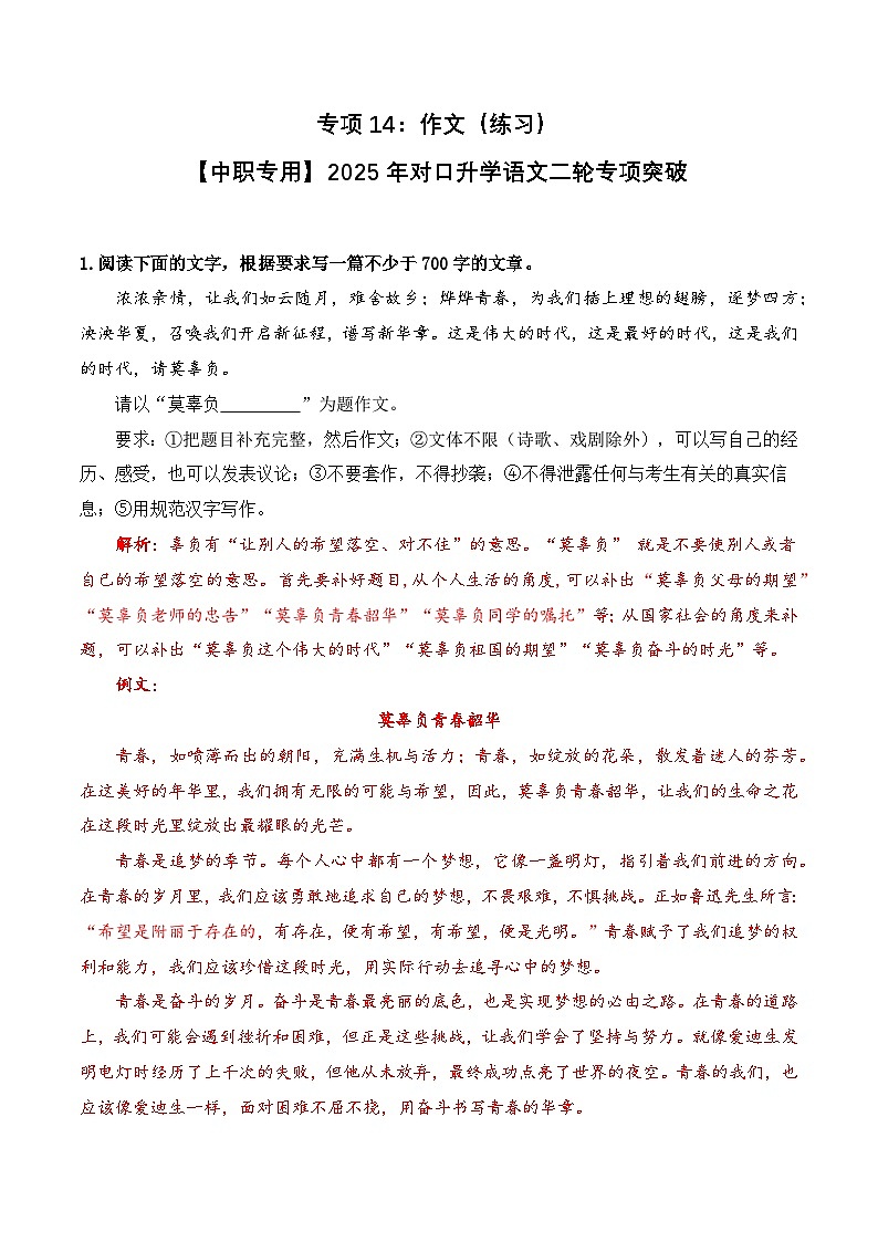 专项14：作文（练习）-【中职专用】2025年对口升学语文二轮专项突破（解析版）第1页