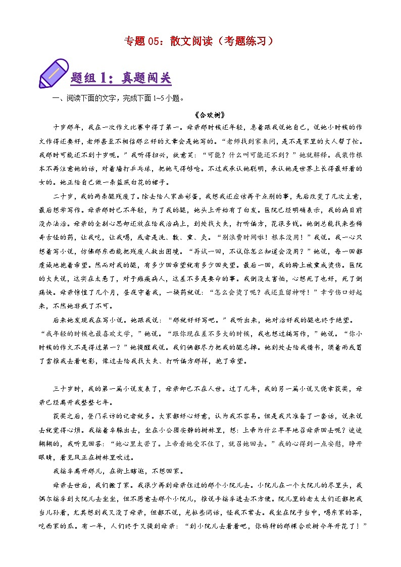 专题05：散文阅读（考题练习）（解析版）第1页