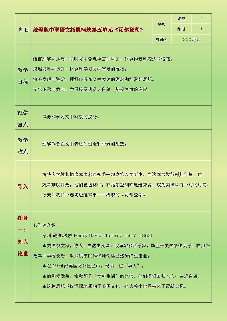 部编高教版（2024）中职语文拓展模块上册5.4《瓦尔登湖》教案第1页